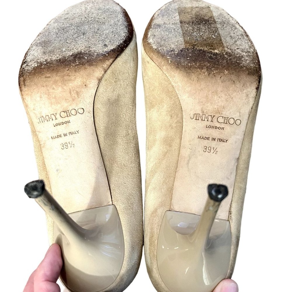 Jimmy Choo Tan Beige Peep Toe Stiletto Heels - Size Women's 39.5 - Picture 6 of 7